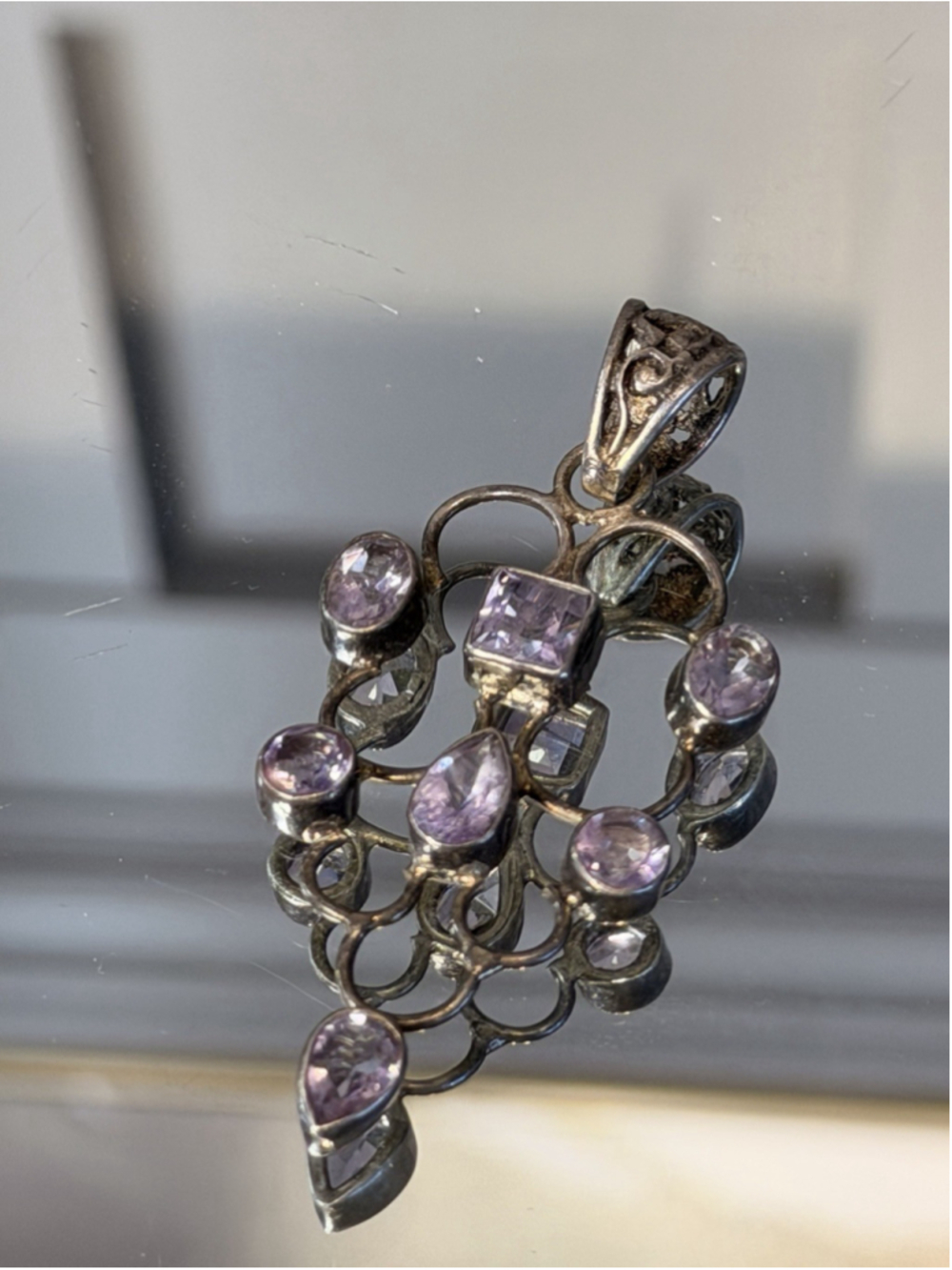Vintage 935 Sterling Silver Amethyst Chandelier Style Pendant Faceted Boho